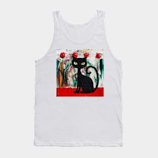 Black Cat With Red Roses Tank Top